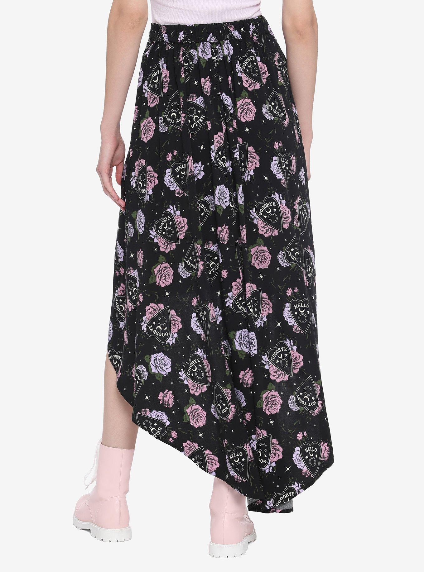 Floral Planchette Button-Front Hi-Low Maxi Skirt, BLACK, alternate