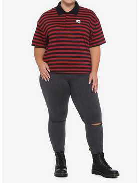 Skull Black & Red Stripe Oversized Girls Crop Polo Shirt Plus Size, , hi-res