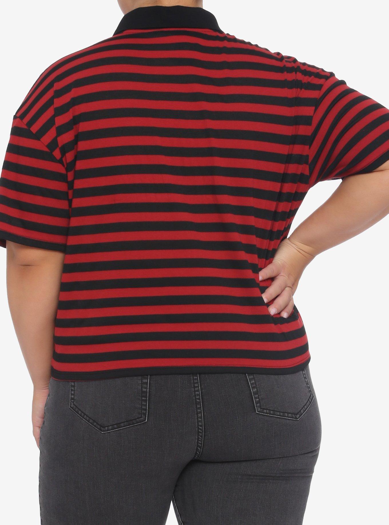 Skull Black & Red Stripe Oversized Girls Crop Polo Shirt Plus Size, STRIPE - RED, alternate
