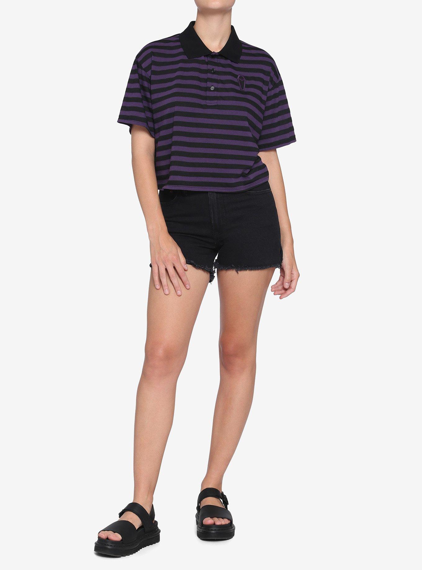 Black & Purple Stripe Coffin Oversized Girls Crop Polo Shirt, STRIPE - PURPLE, alternate