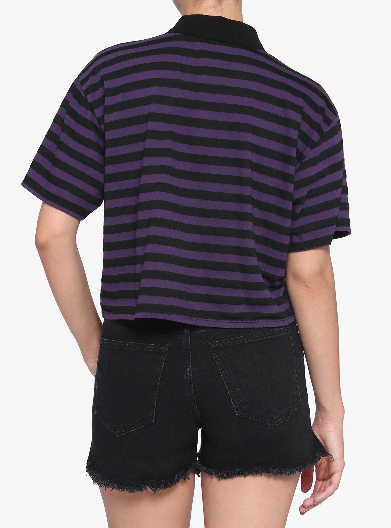 Black & Purple Stripe Coffin Oversized Girls Crop Polo Shirt, STRIPE - PURPLE, alternate