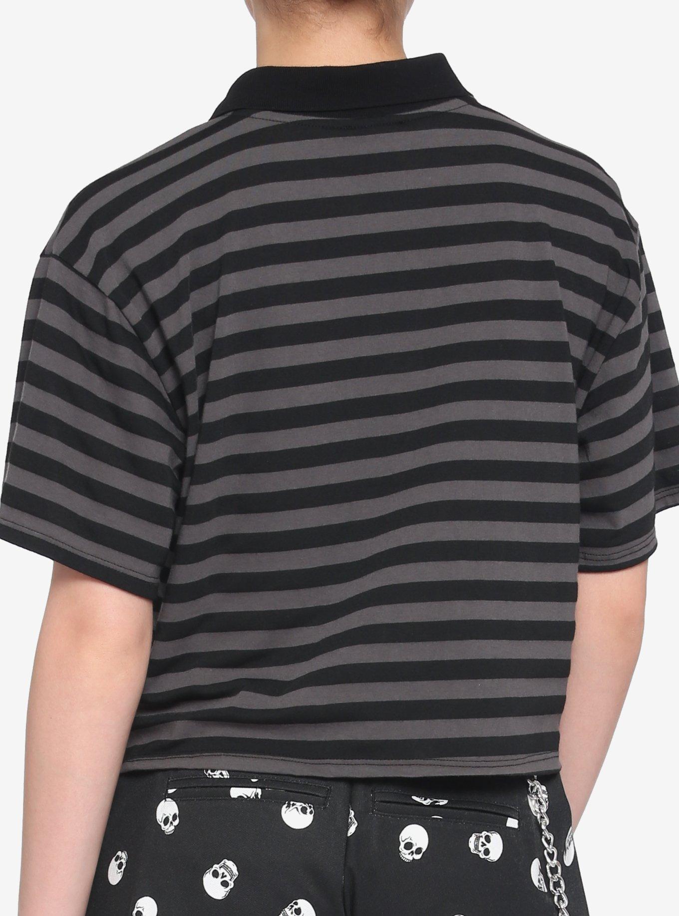 Grey & Black Embroidered Tombstone Stripe Oversized Girls Crop Polo Shirt, STRIPE - GREY, alternate