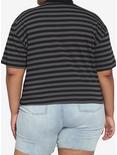 Grey & Black Embroidered Tombstone Stripe Oversized Girls Crop Polo Shirt Plus Size, STRIPE - GREY, alternate