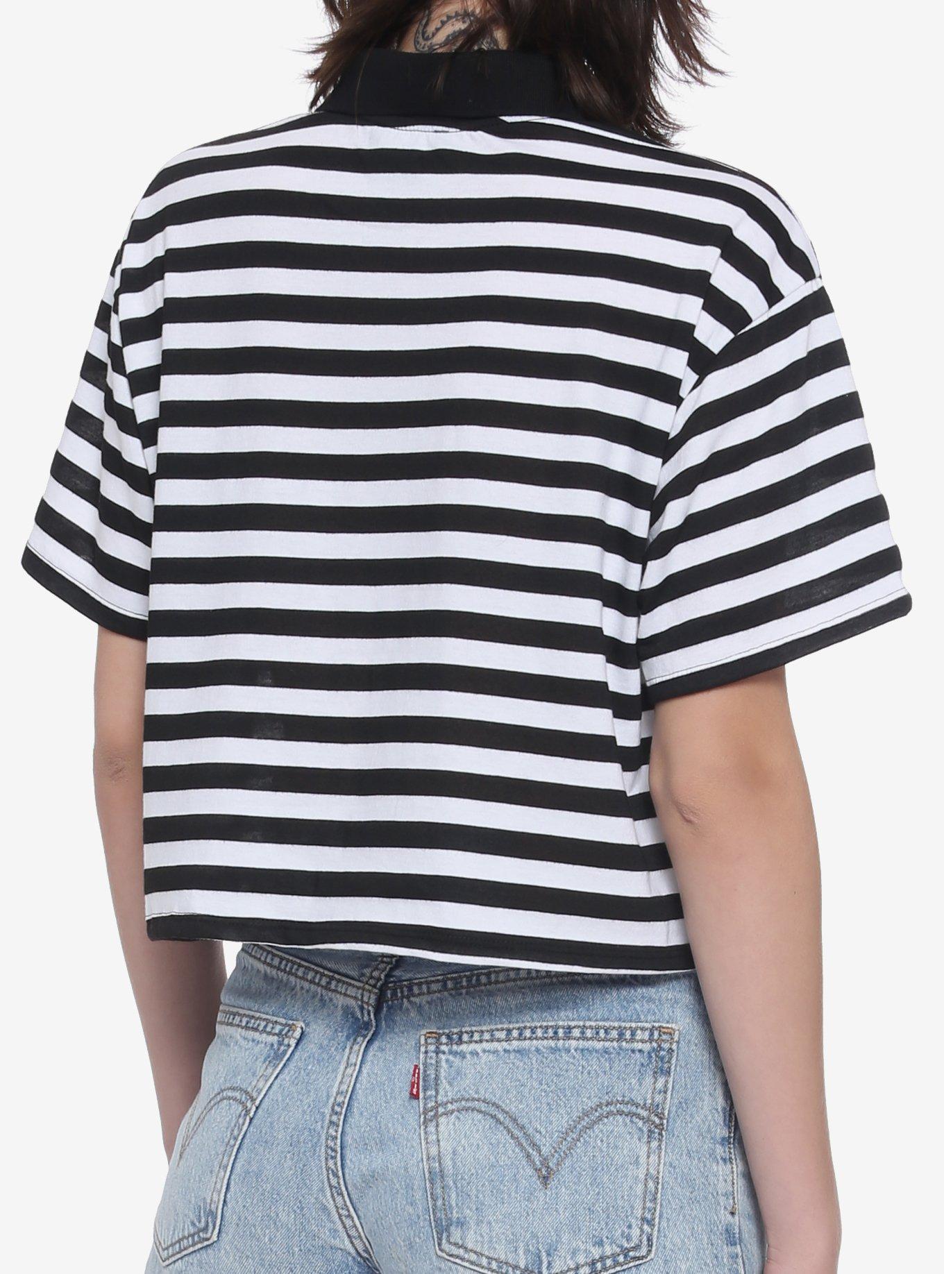 Planchette Black & White Stripe Oversized Girls Crop Polo Shirt, STRIPE - WHITE, alternate
