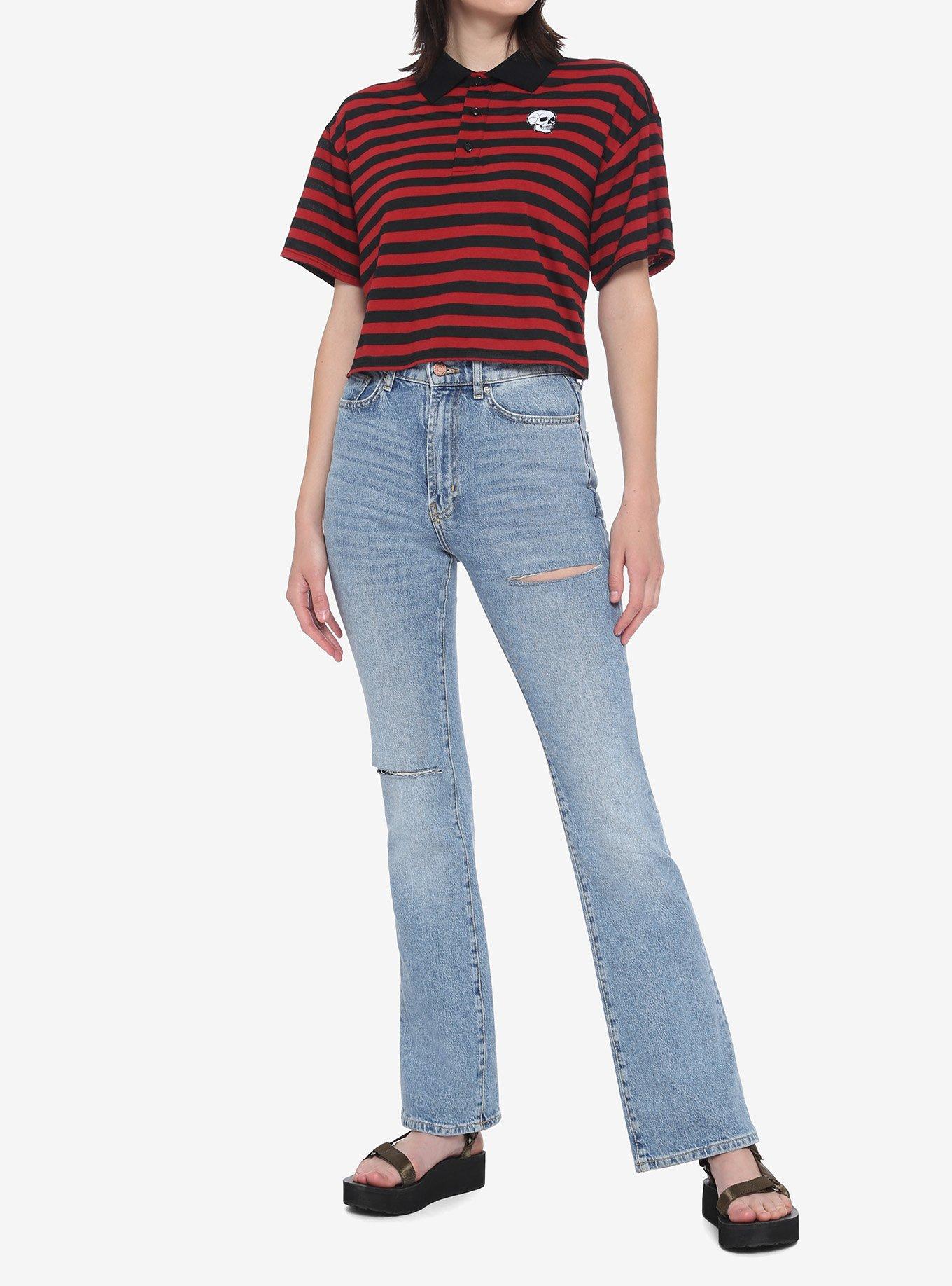 Skull Black & Red Stripe Oversized Girls Polo Shirt, STRIPE - RED, alternate