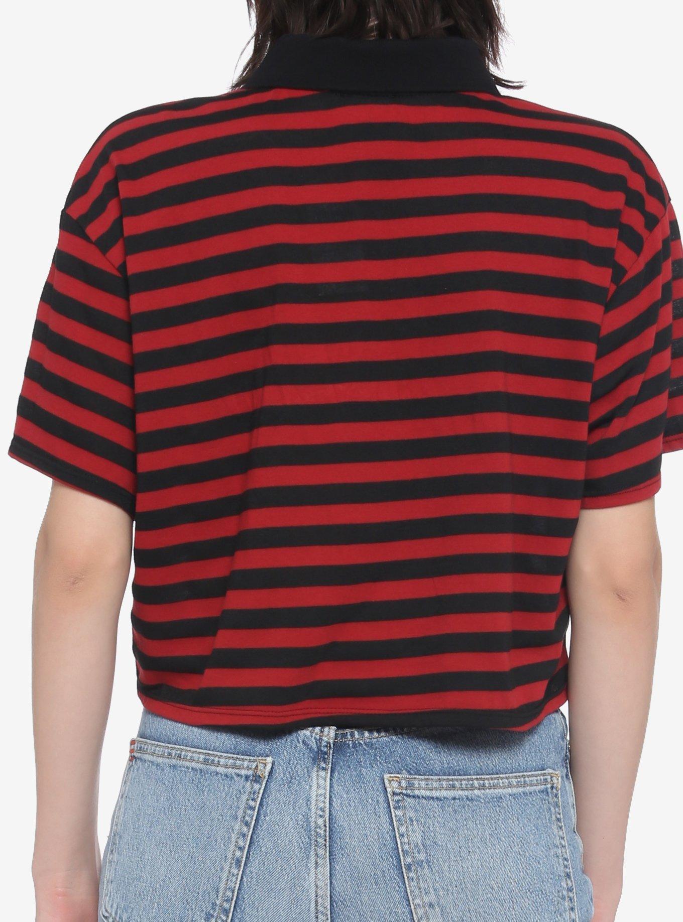 Skull Black & Red Stripe Oversized Girls Polo Shirt, STRIPE - RED, alternate