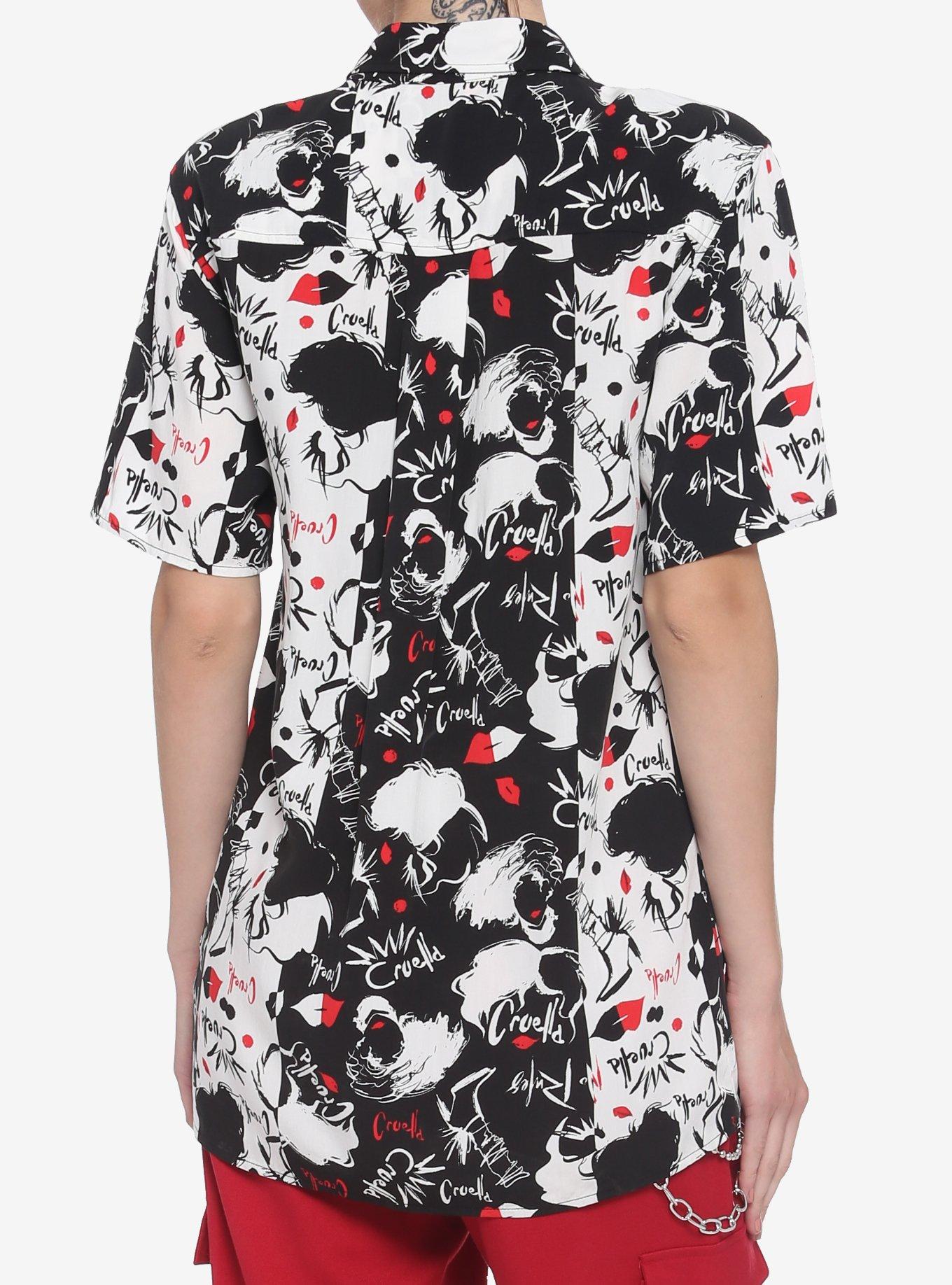 Her Universe Disney Cruella Black & White Oversized Girls Woven Button-Up, WHITE, alternate