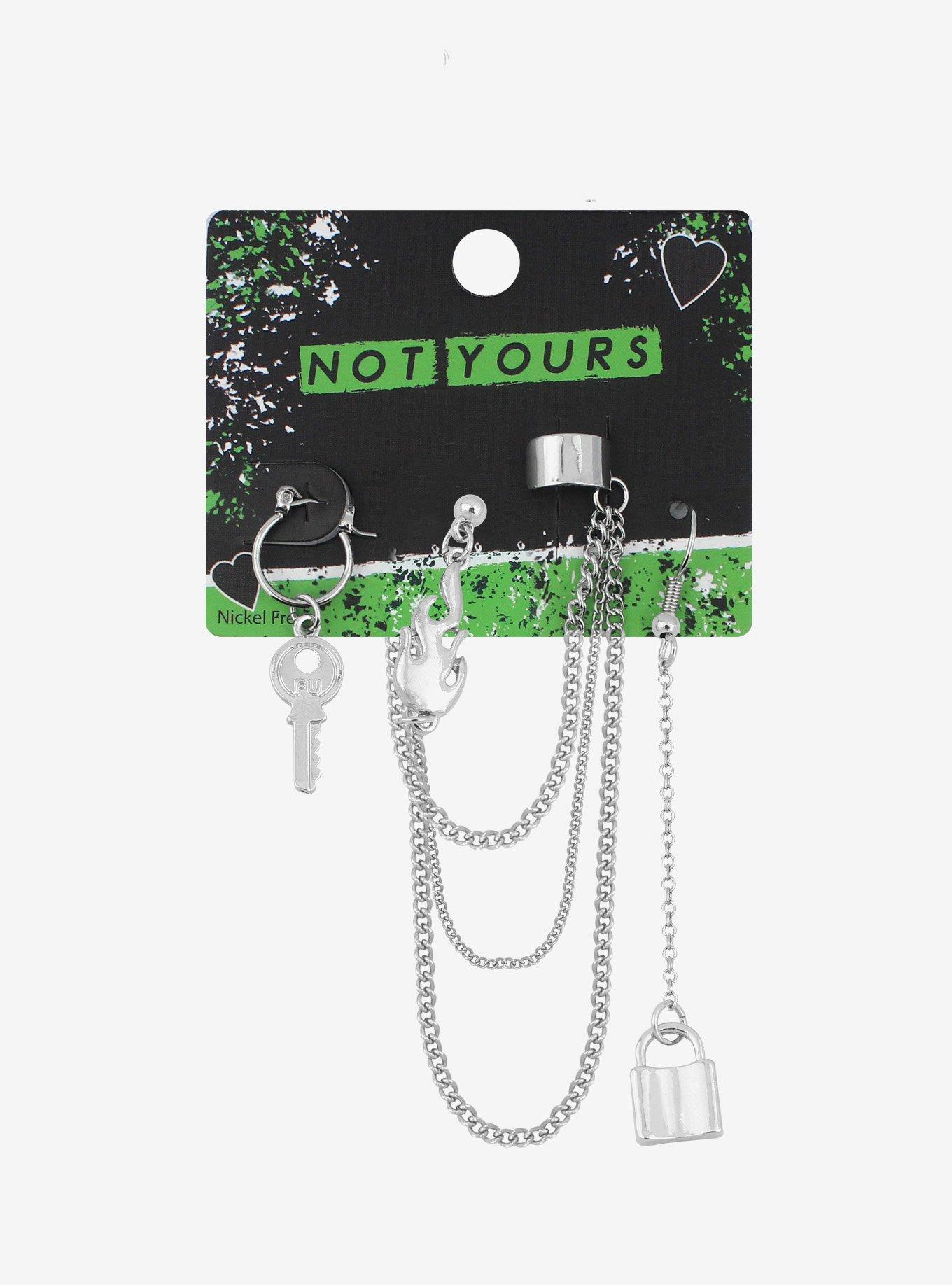 Key Padlock Flame Chain Cuff Earring Set, , alternate