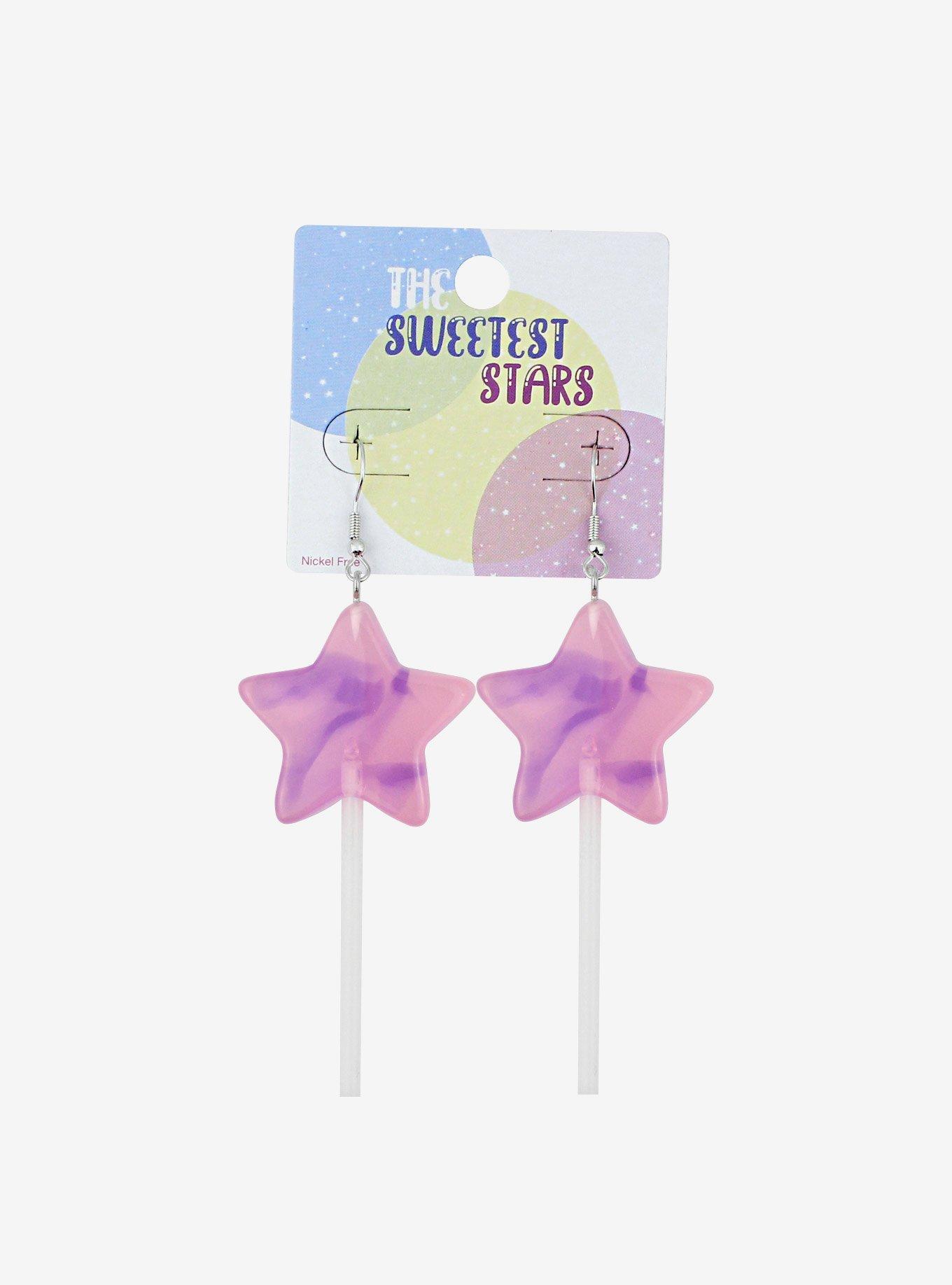 Pink Purple Swirl Star Lollipop Dangle Earrings, , alternate
