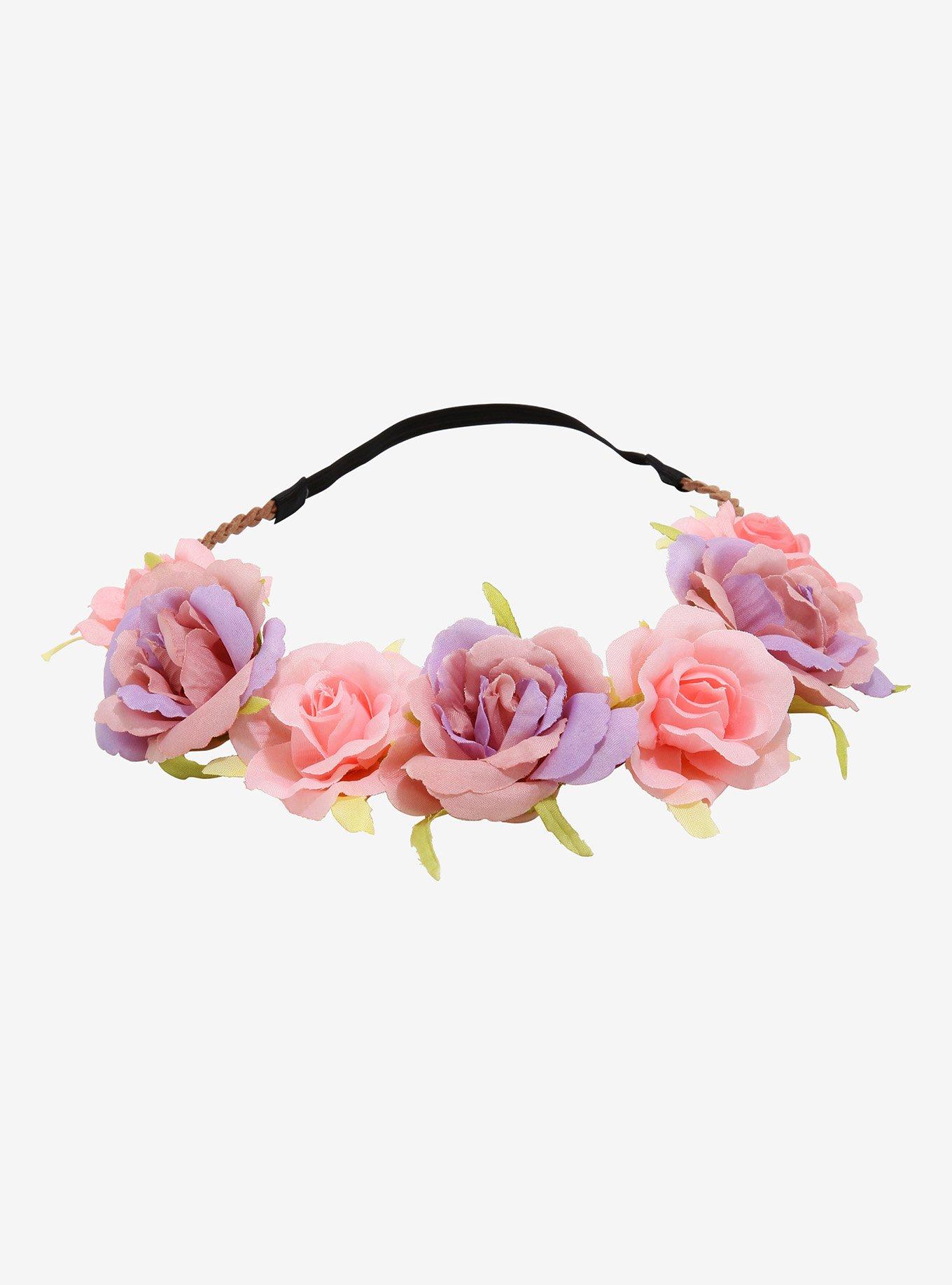 Pink & Lavender Rose Braided Elastic Headband, , alternate