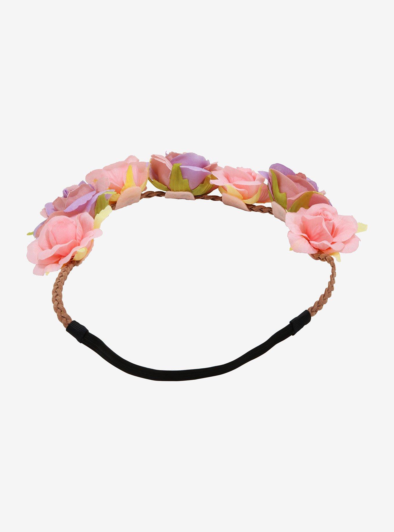 Pink & Lavender Rose Braided Elastic Headband, , alternate