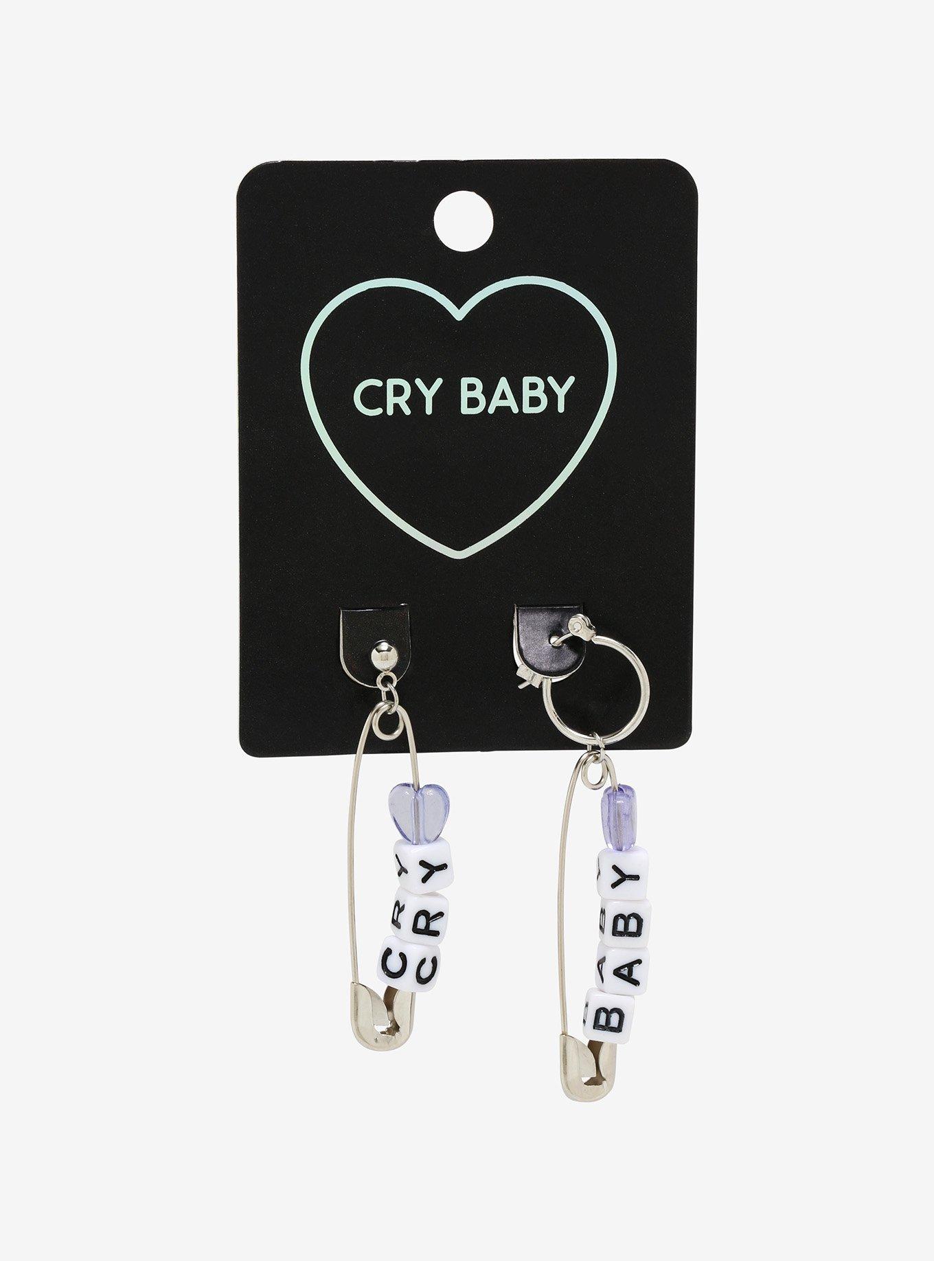 Cry Baby Letter Bead Safety Pin Drop Earrings, , alternate