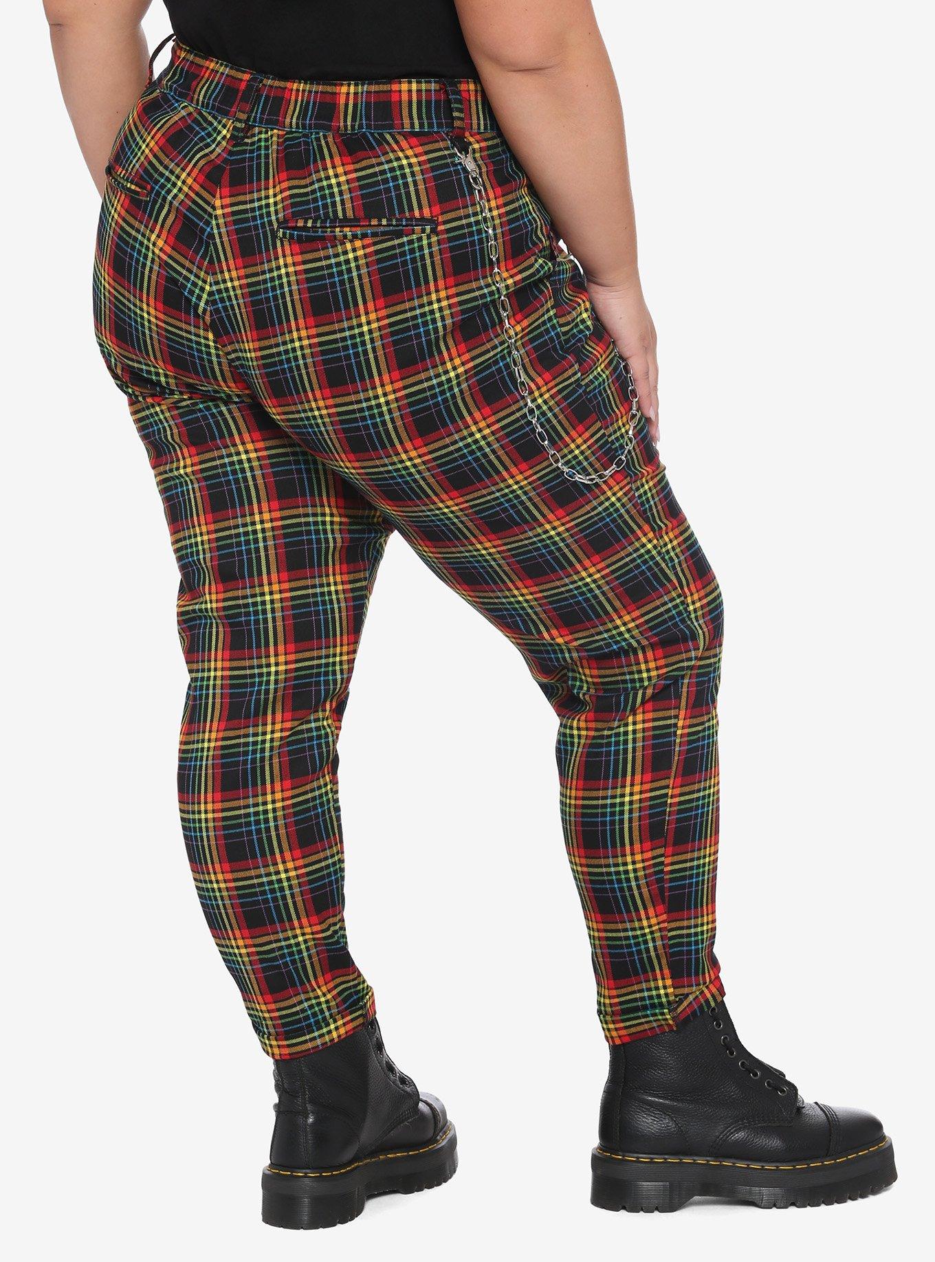 Rainbow Plaid Pants With Detachable Chain Plus Size, RAINBOW, alternate