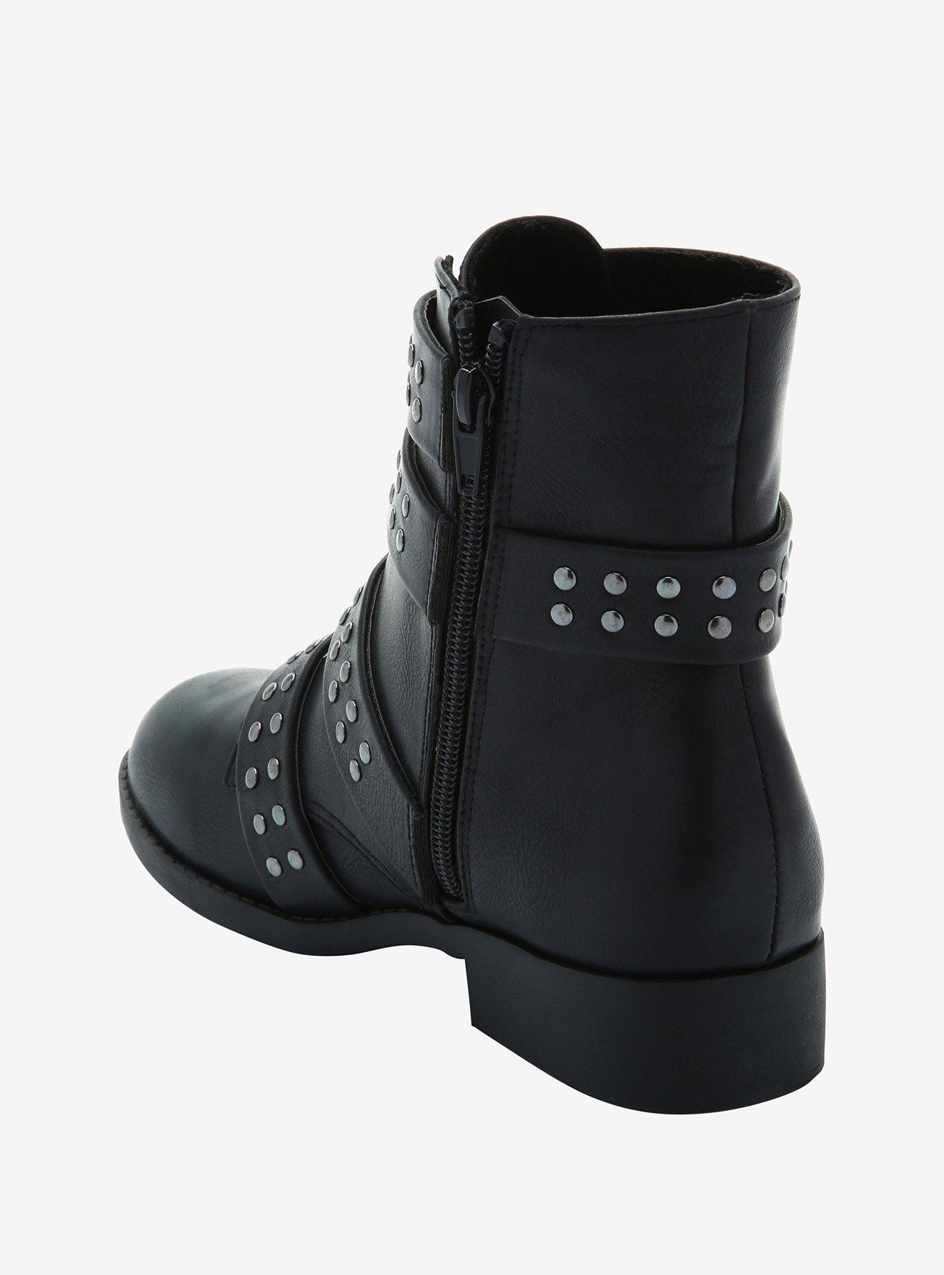 Black Buckle Studded Ankle Booties, BLACK, alternate