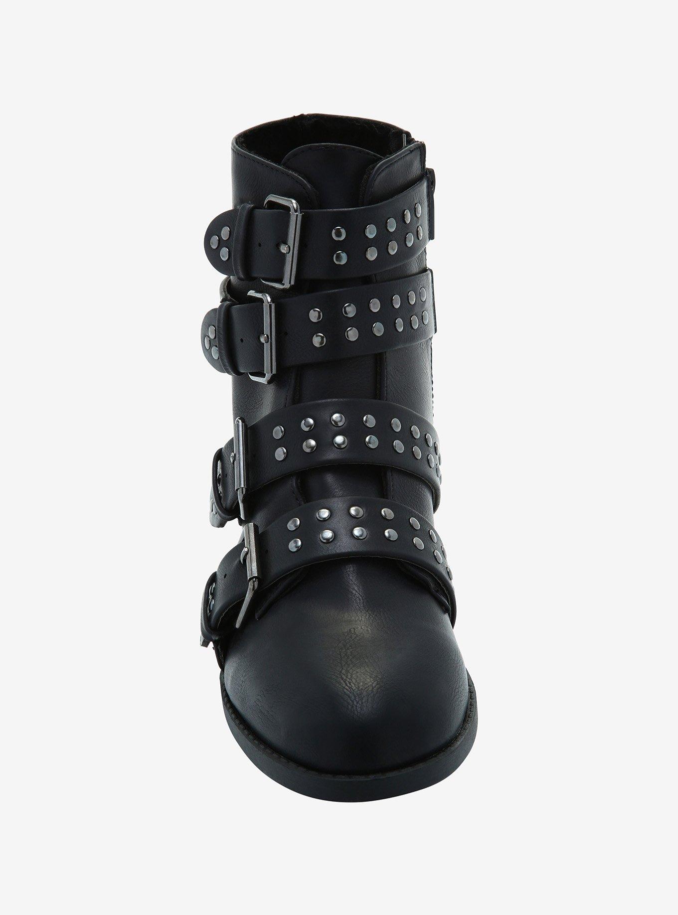 Black Buckle Studded Ankle Booties, BLACK, alternate