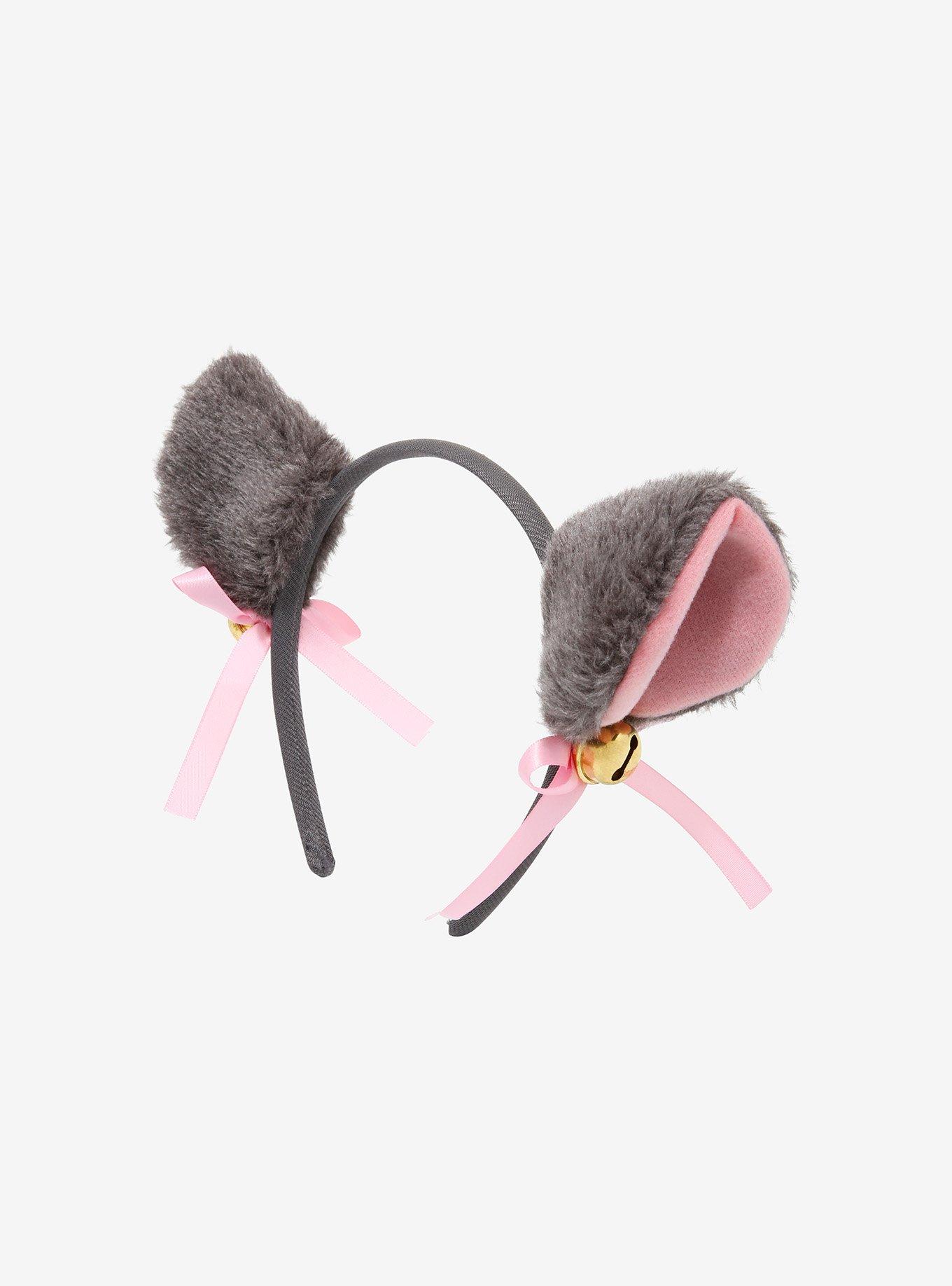 Grey & Pink Ribbon Bell Fuzzy Cat Ear Headband, , alternate