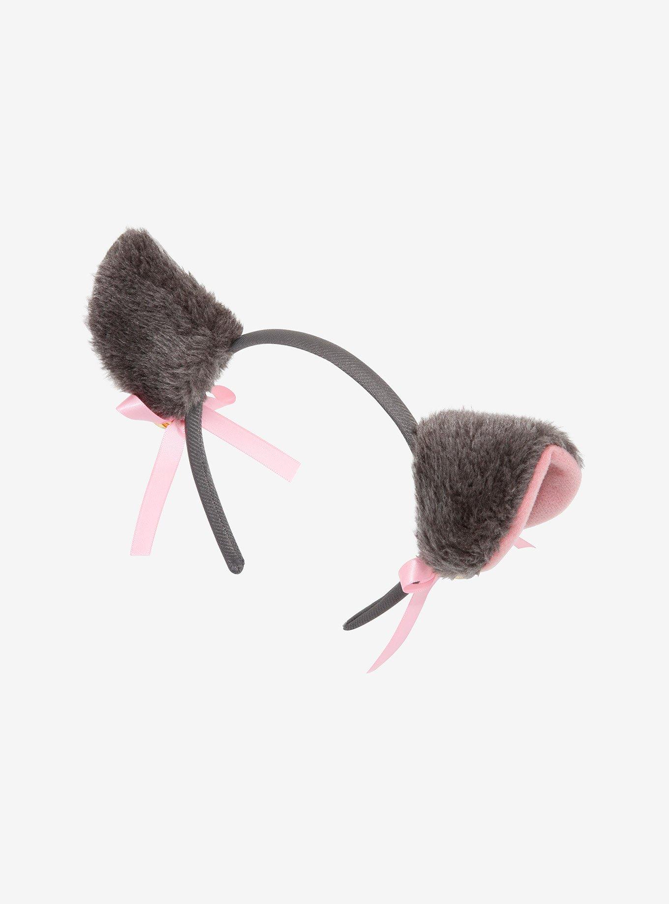 Grey & Pink Ribbon Bell Fuzzy Cat Ear Headband, , alternate