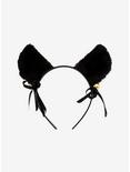 Black Ribbon Bell Fuzzy Cat Ear Headband, , alternate