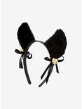 Black Ribbon Bell Fuzzy Cat Ear Headband, , alternate