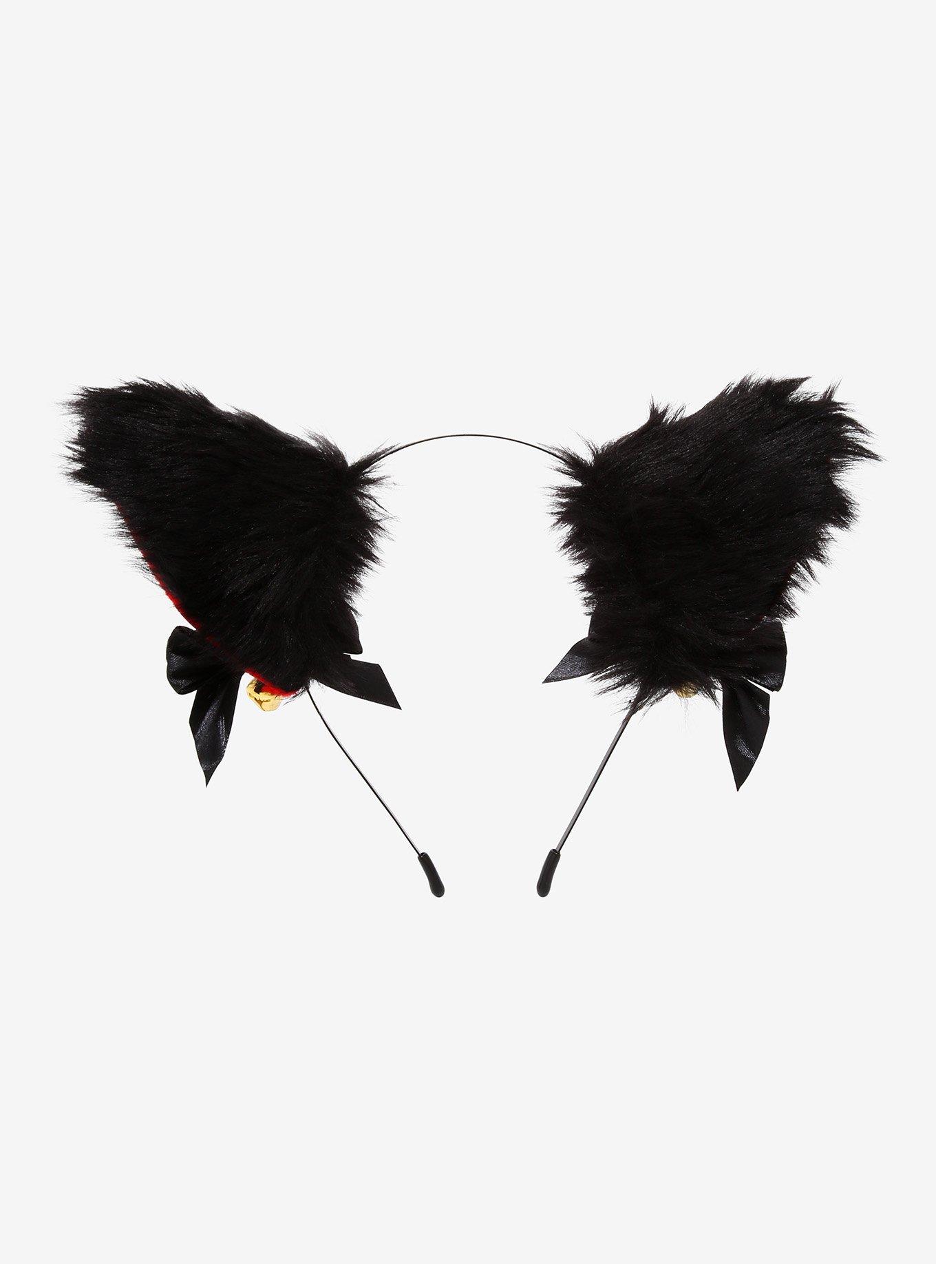 Black & Red Ribbon Bell Fuzzy Cat Ear Headband, , alternate