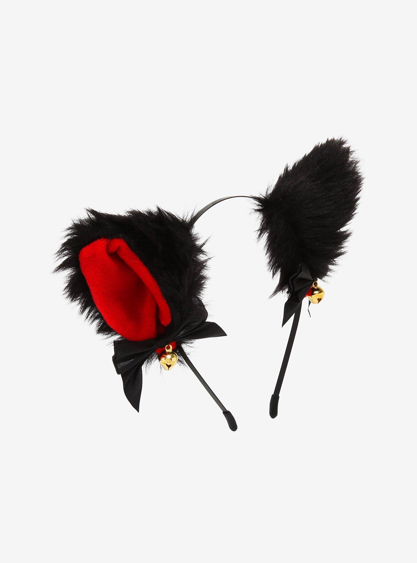 Black & Red Ribbon Bell Fuzzy Cat Ear Headband, , alternate