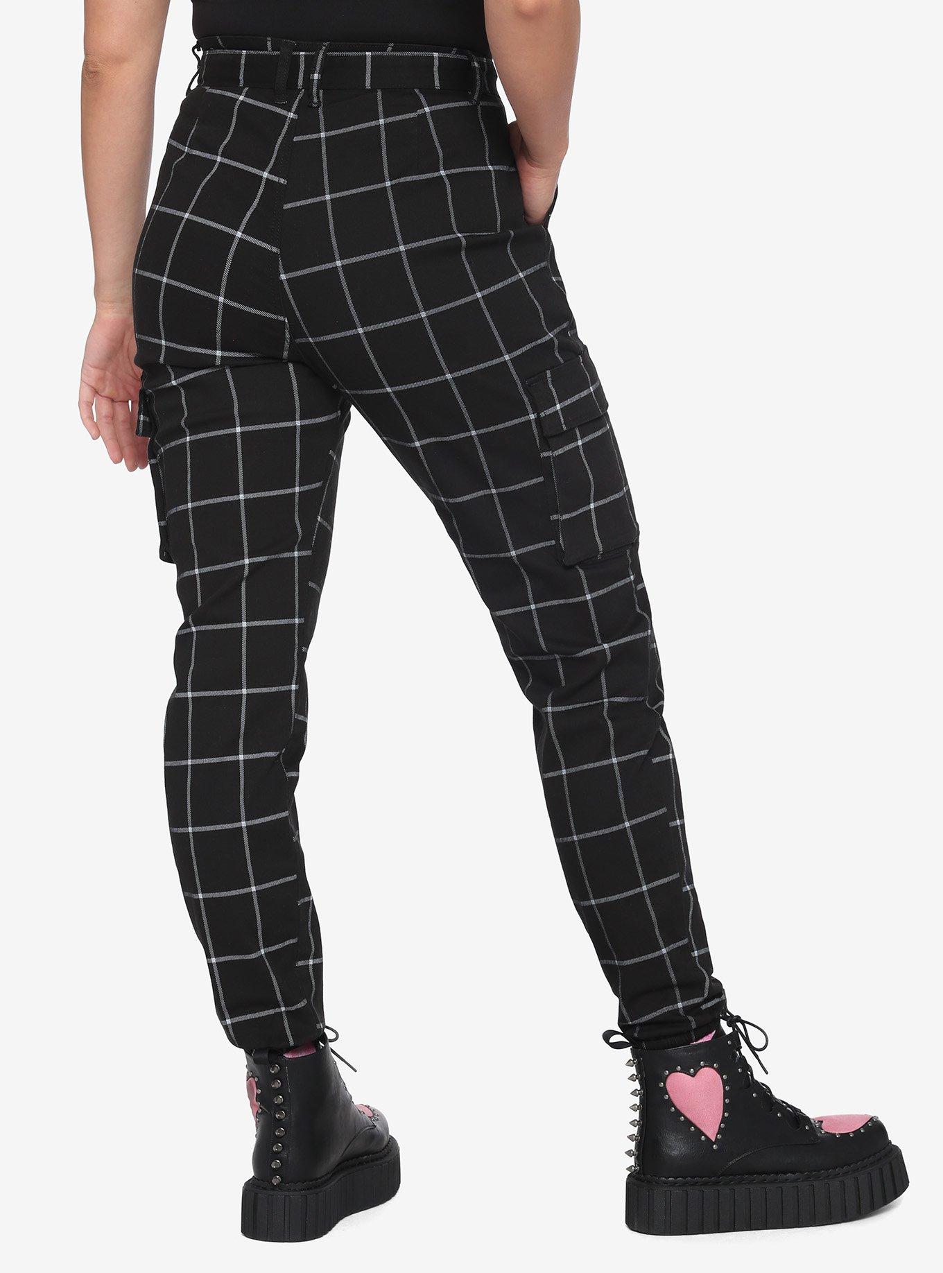 HT Denim Black & White Grid Print Cargo Jogger Pants With Grommet Belt, MULTI, alternate