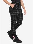 HT Denim Black & White Grid Print Cargo Jogger Pants With Grommet Belt, MULTI, alternate