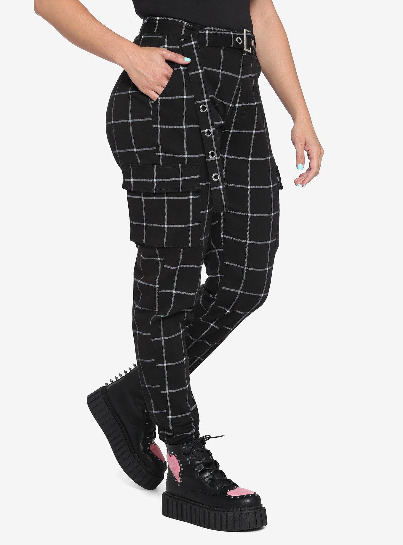 HT Denim Black & White Grid Print Cargo Jogger Pants With Grommet Belt, MULTI, alternate