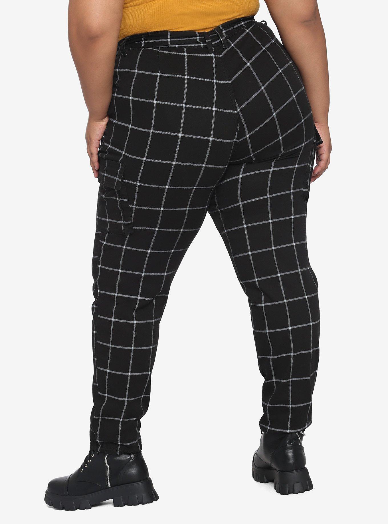 HT Denim Black & White Grid Print Cargo Jogger Pants With Grommet Belt Plus Size, MULTI, alternate