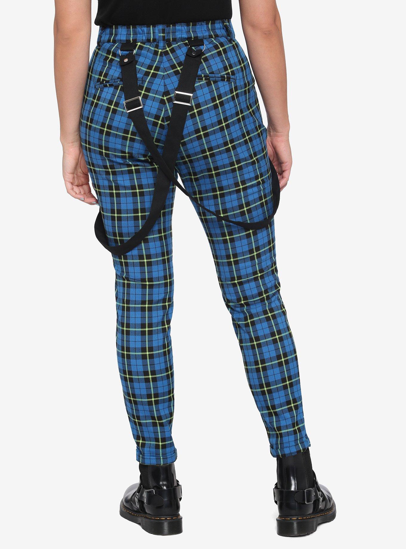 Blue & Green Plaid Suspender Pants, PLAID, alternate