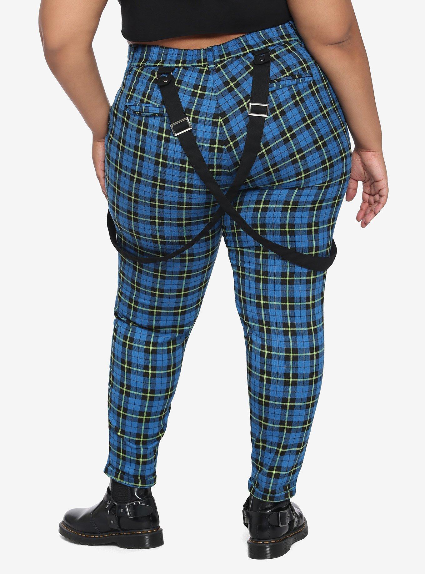 Blue & Green Plaid Suspender Pants Plus Size, PLAID, alternate