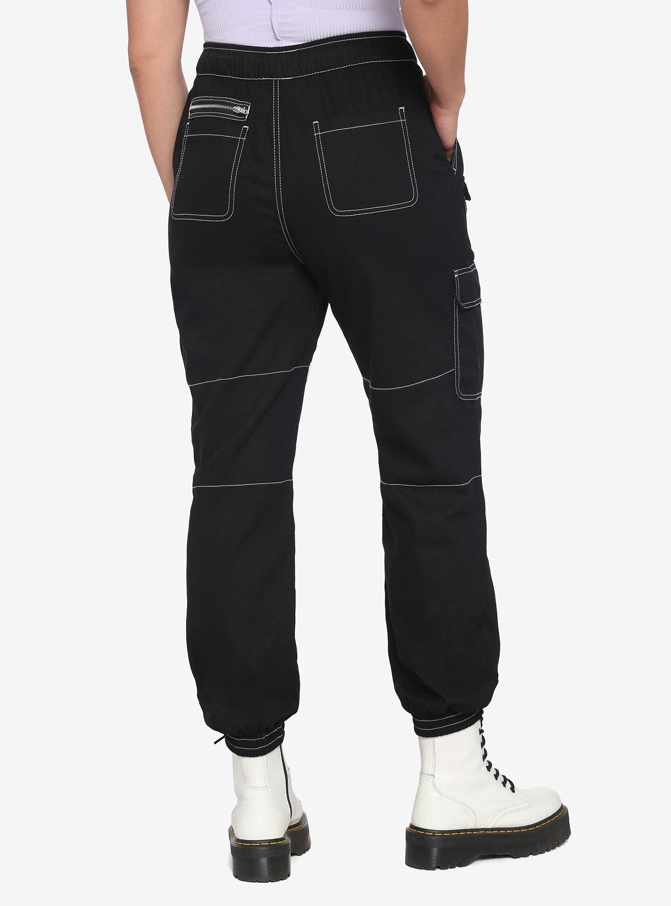 Black Contrast Stitching Seam Cargo Jeans High Solid - Temu Canada