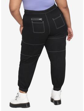 HT Denim Black Contrast Stitch Cargo Jogger Pants Plus Size, , hi-res