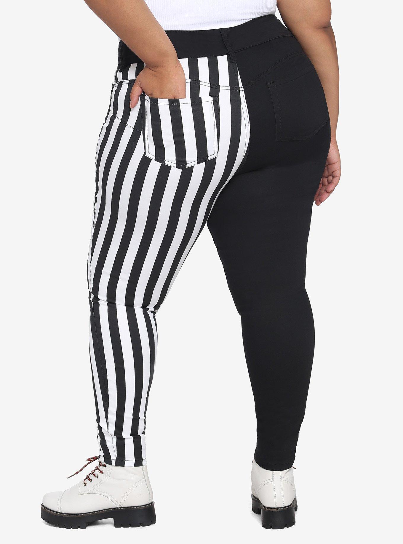 Black & White Stripe Split Leg Skinny Jeans Plus Size