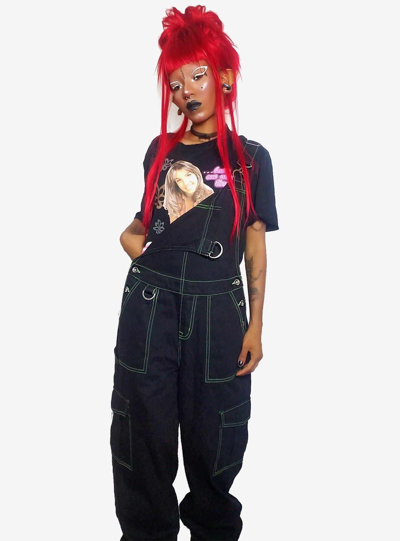 Black & Green Stitch Carpenter Overalls, BLACK, alternate