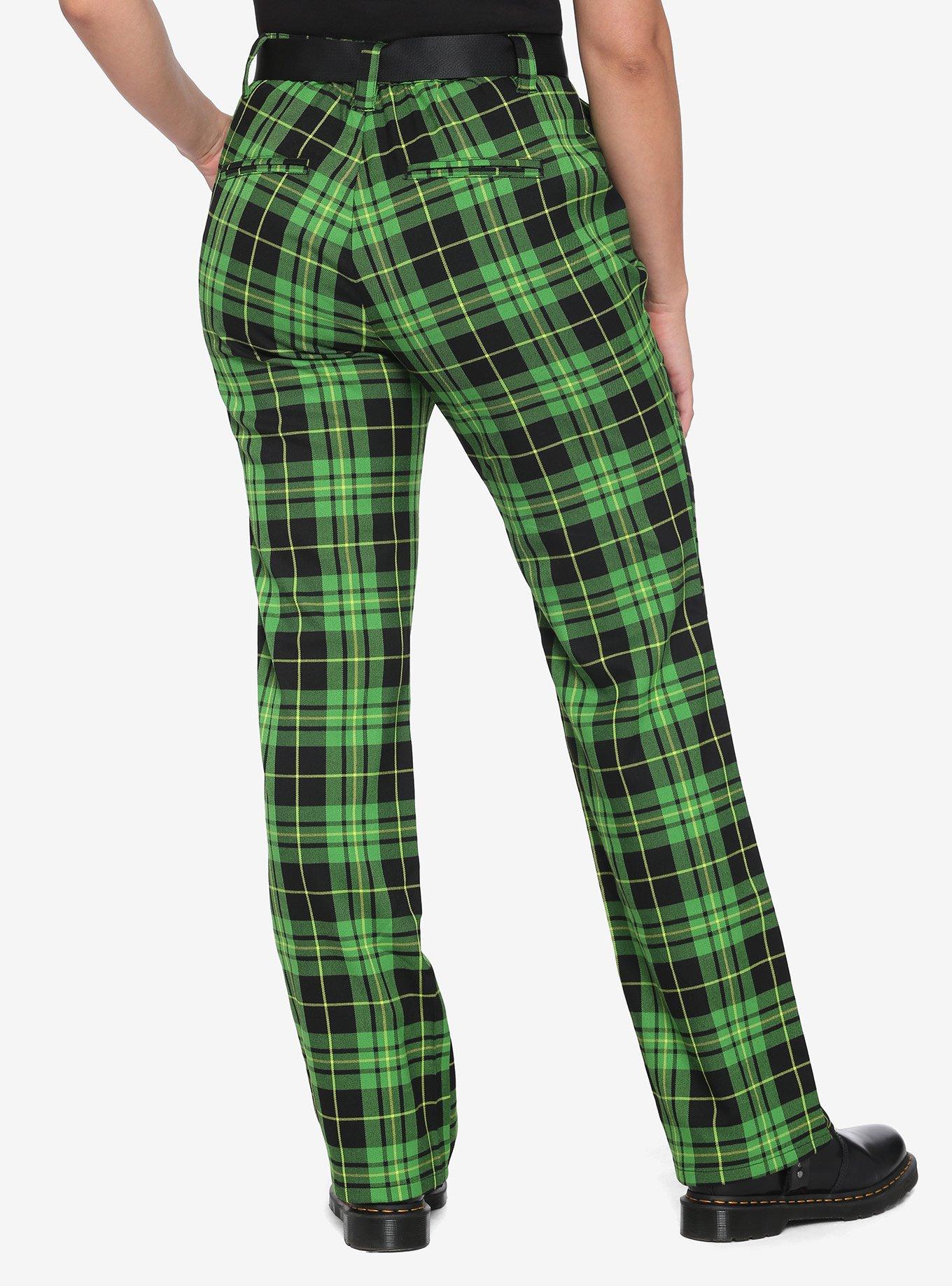 HT Denim Green Plaid Straight-Leg Pants With Buckle Belt, PLAID, alternate