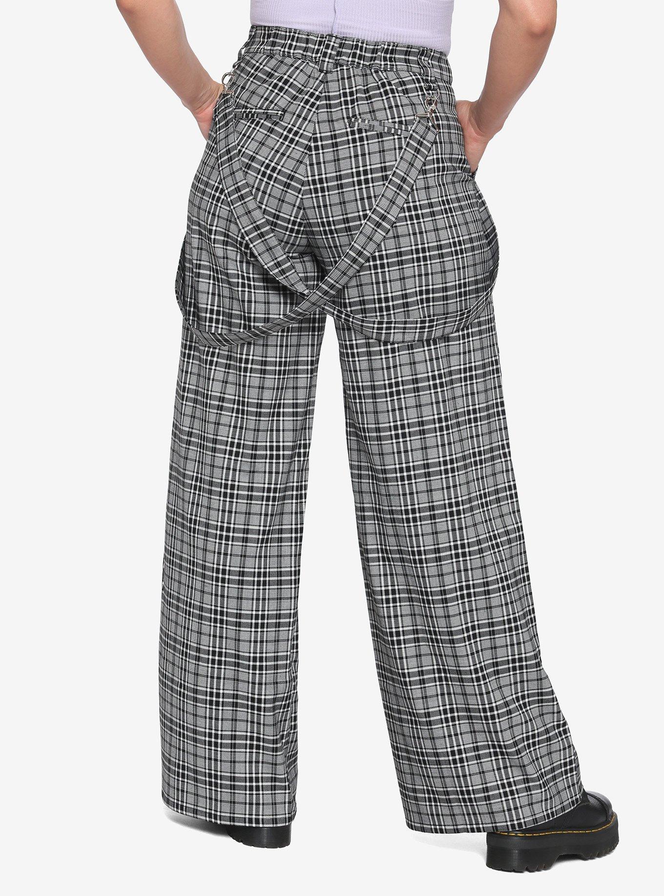 Grey Plaid Wide Leg Suspender Pants, PLAID, alternate