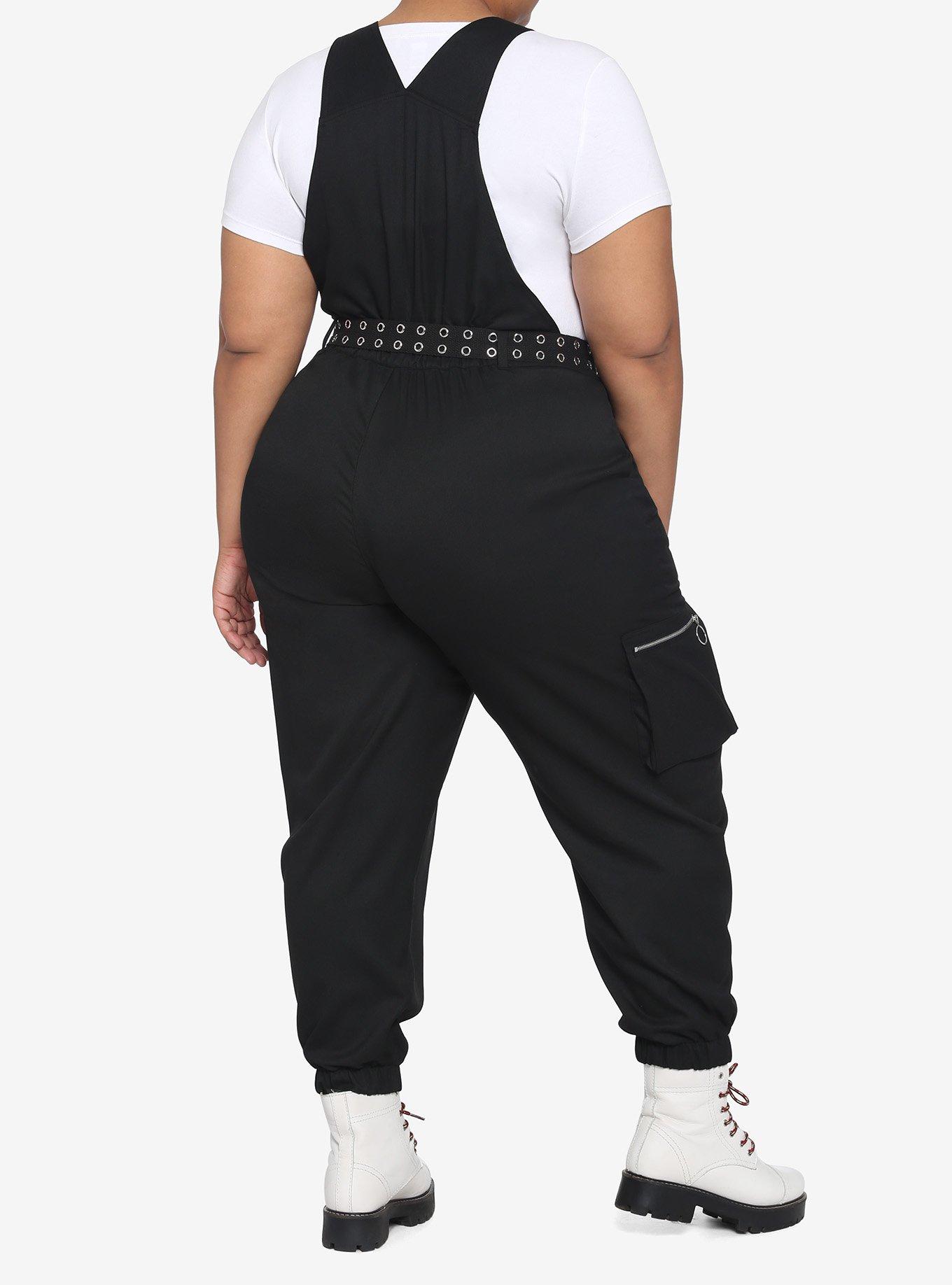 Black Grommet Belt Overalls Plus Size, BLACK, alternate