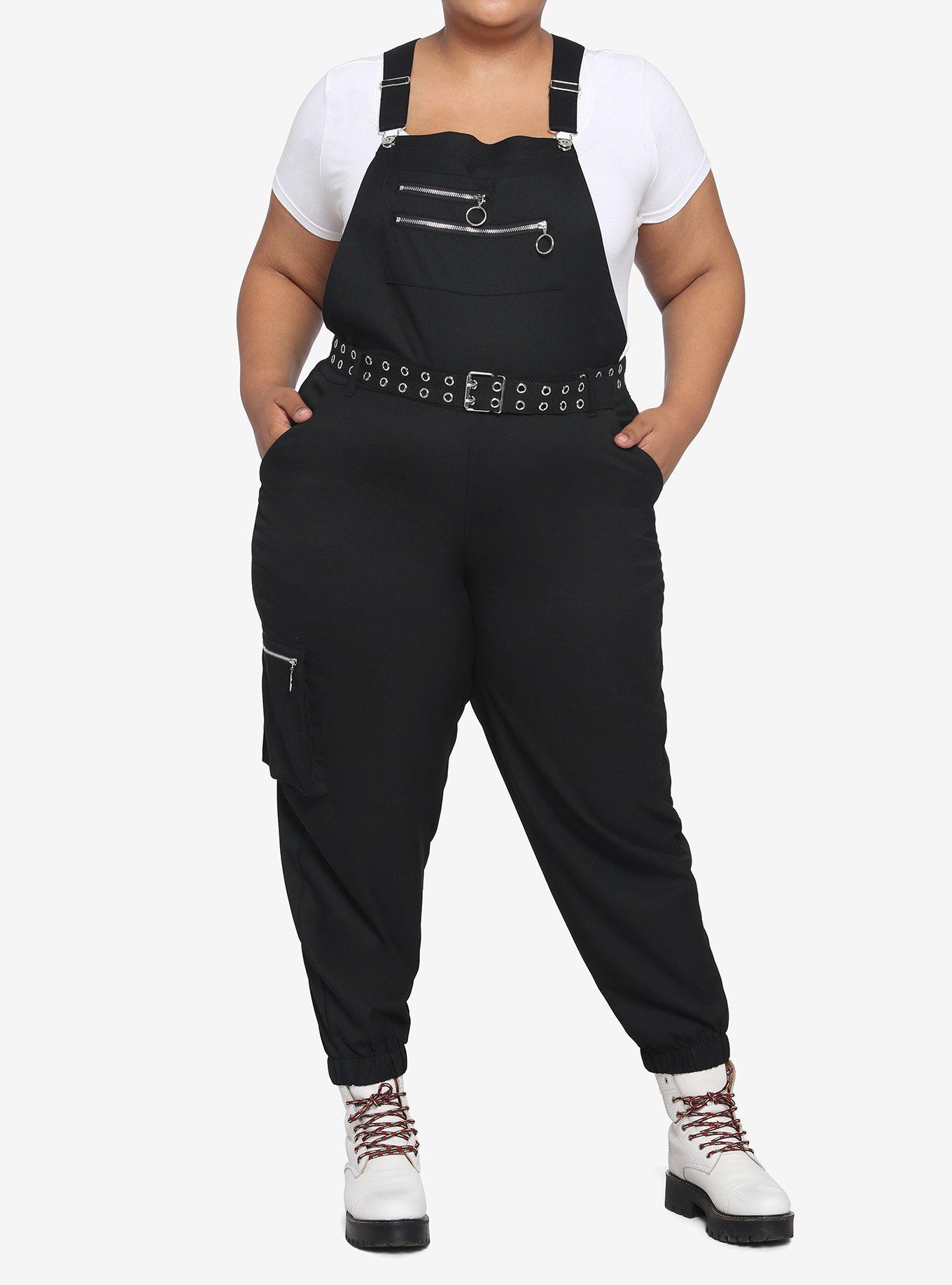 Black Grommet Belt Overalls Plus Size, BLACK, alternate