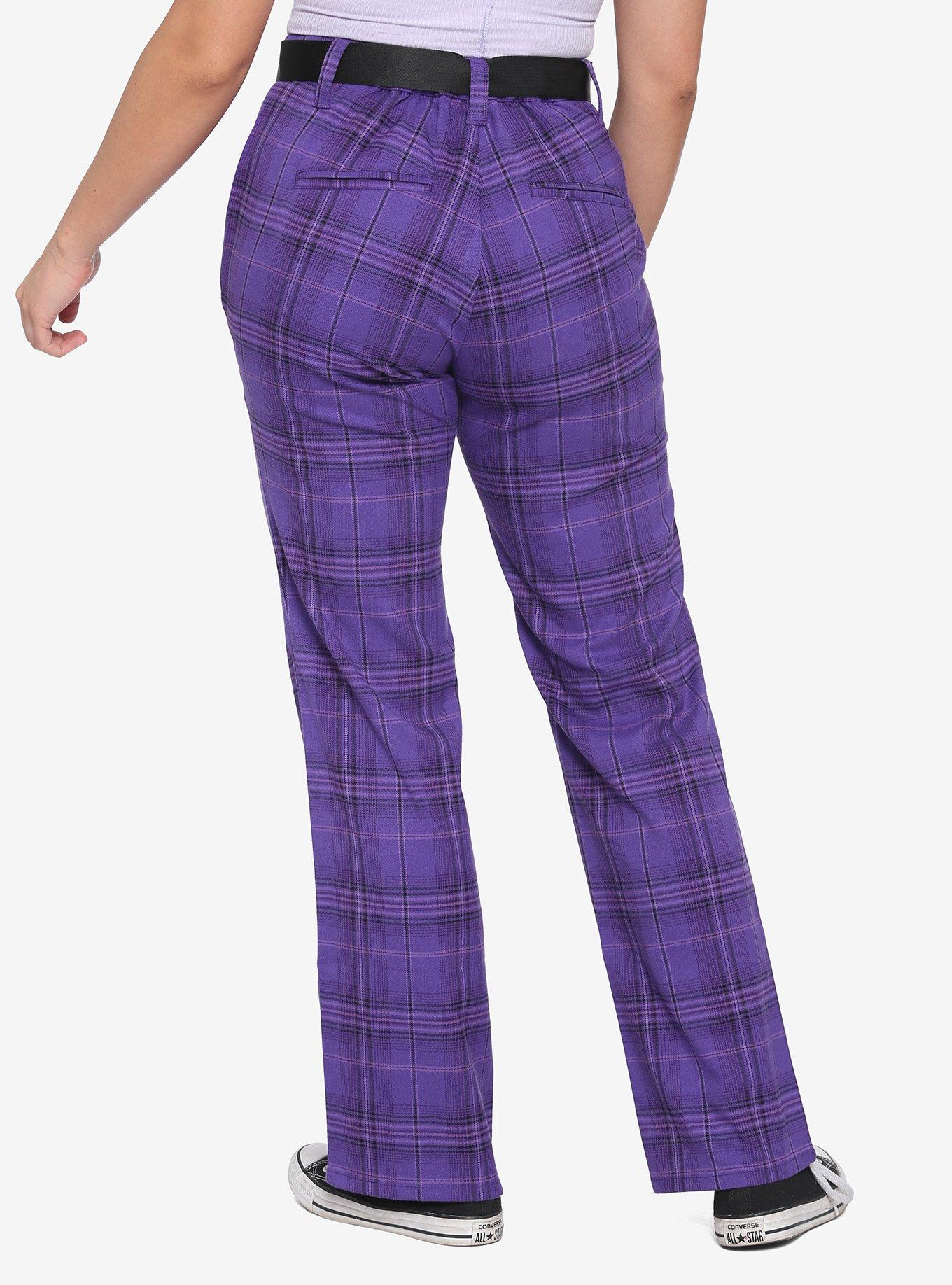 HT Denim Purple Plaid Straight-Leg Pants With Buckle Belt, PLAID, alternate