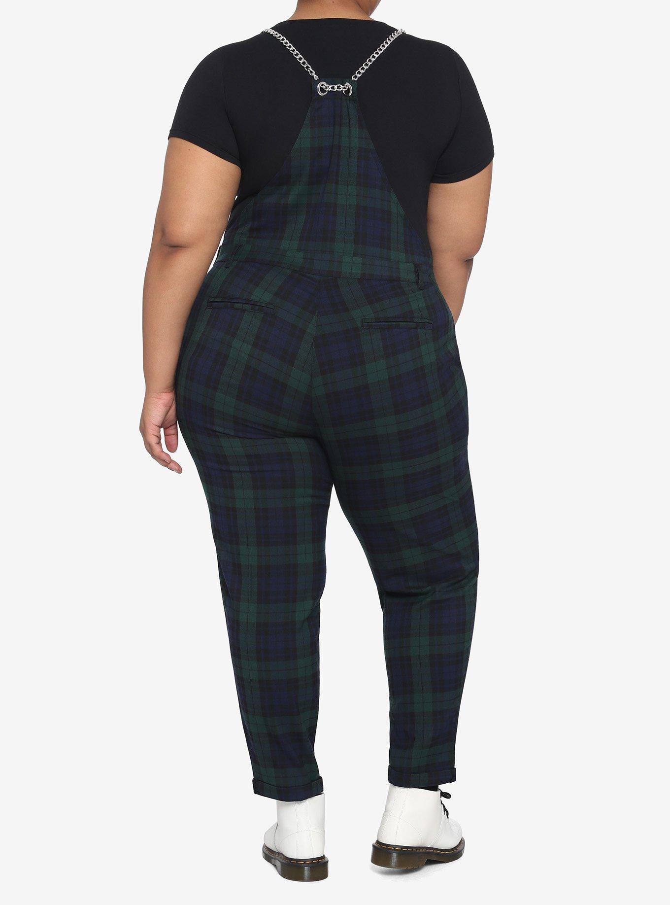 Green Plaid Chain Strap Overalls Plus Size, PLAID, alternate