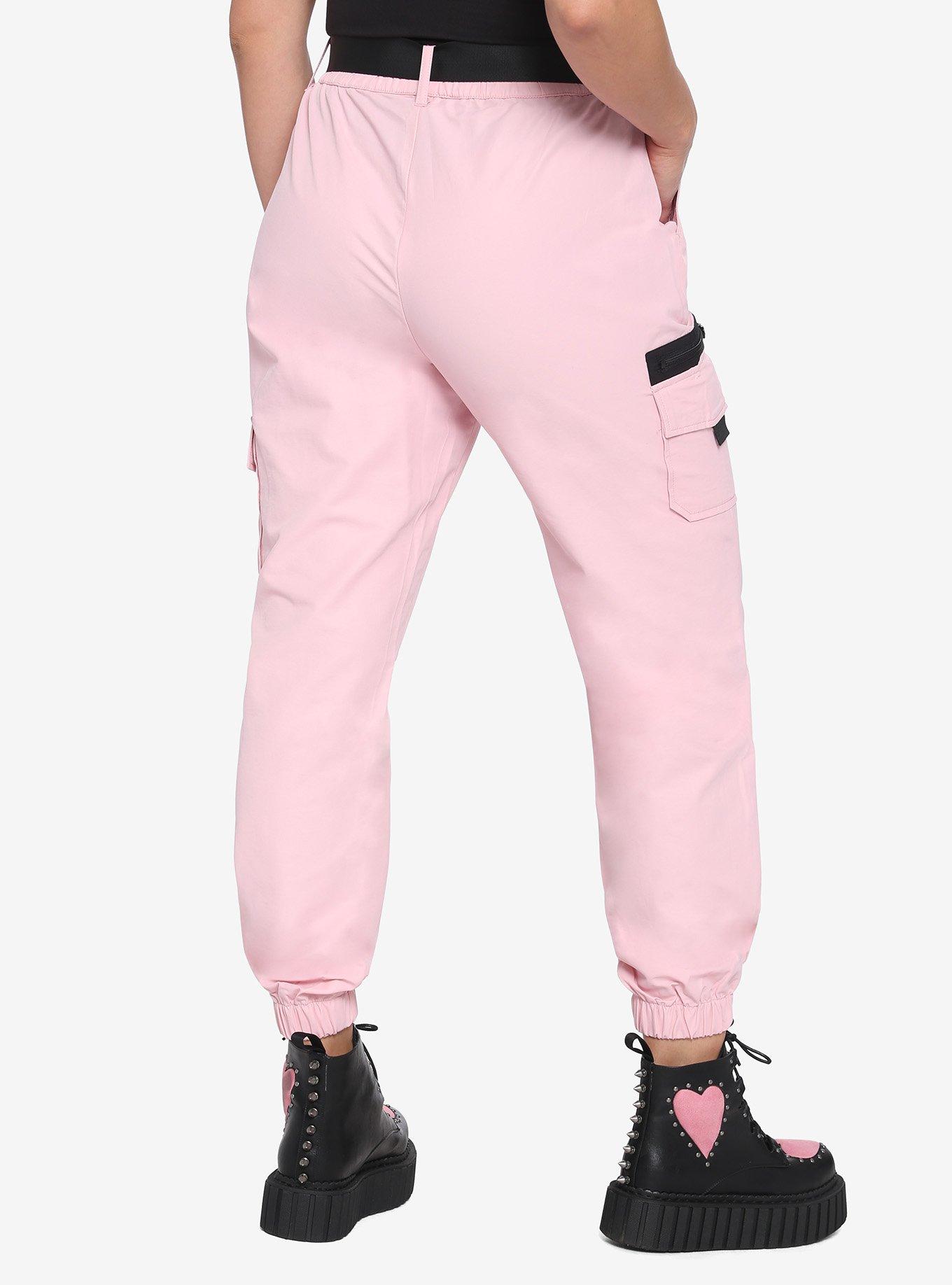 Pink With Nylon Belt Cargo Jogger Pants, PINK, alternate