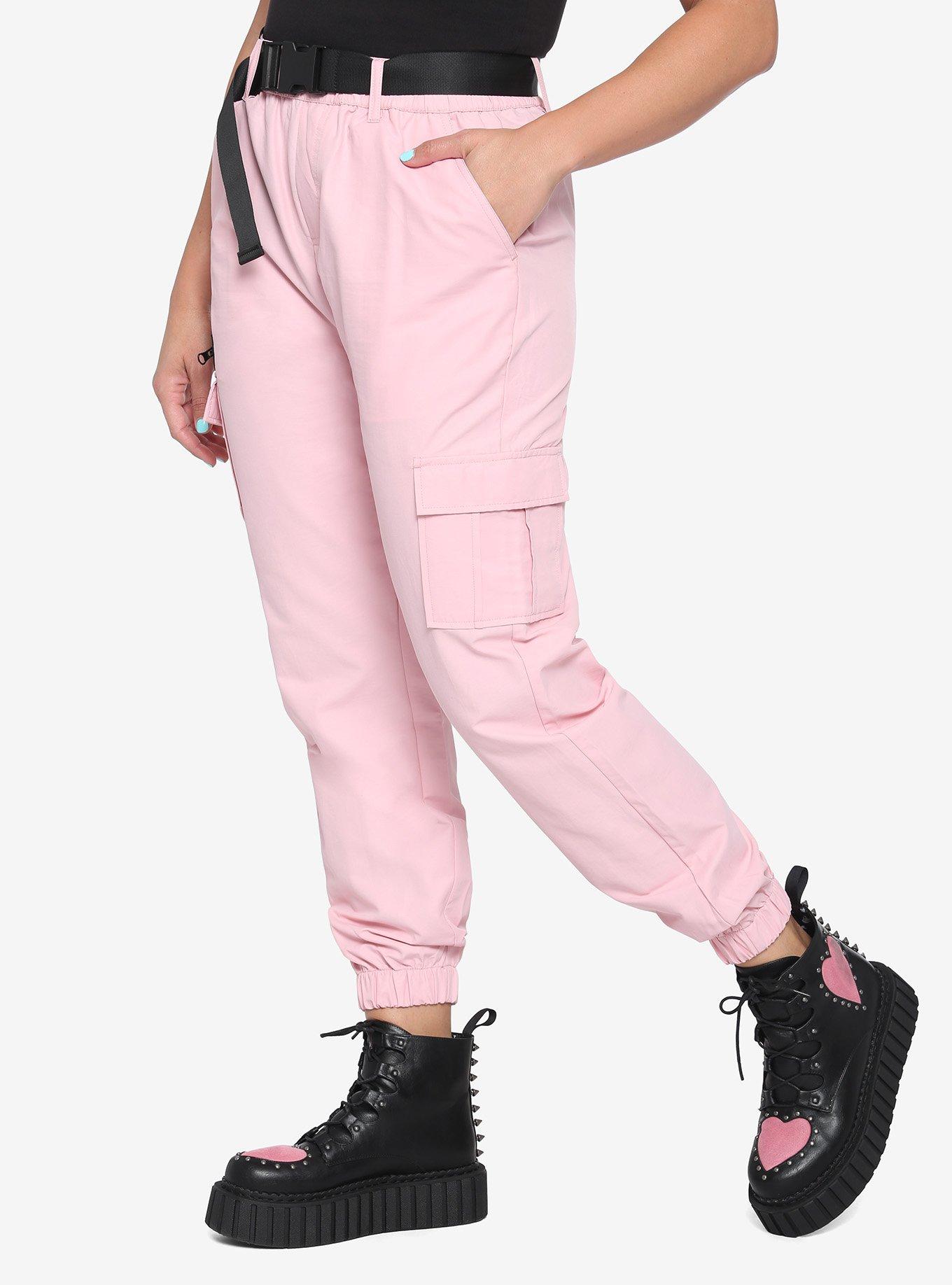Pink With Nylon Belt Cargo Jogger Pants, PINK, alternate