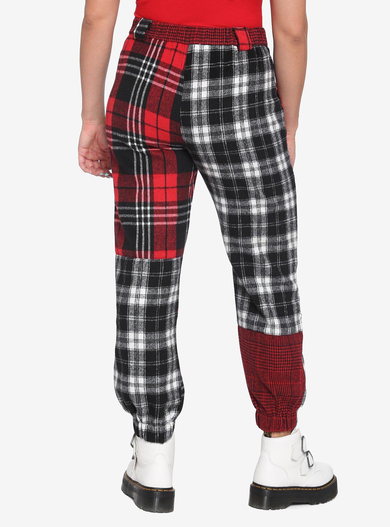 Red Plaid Patchwork Jogger Pants, MULTI, alternate