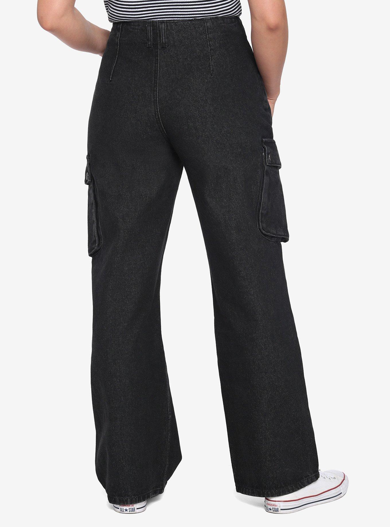 Black Straight Leg Denim Cargo Pants, BLACK, alternate