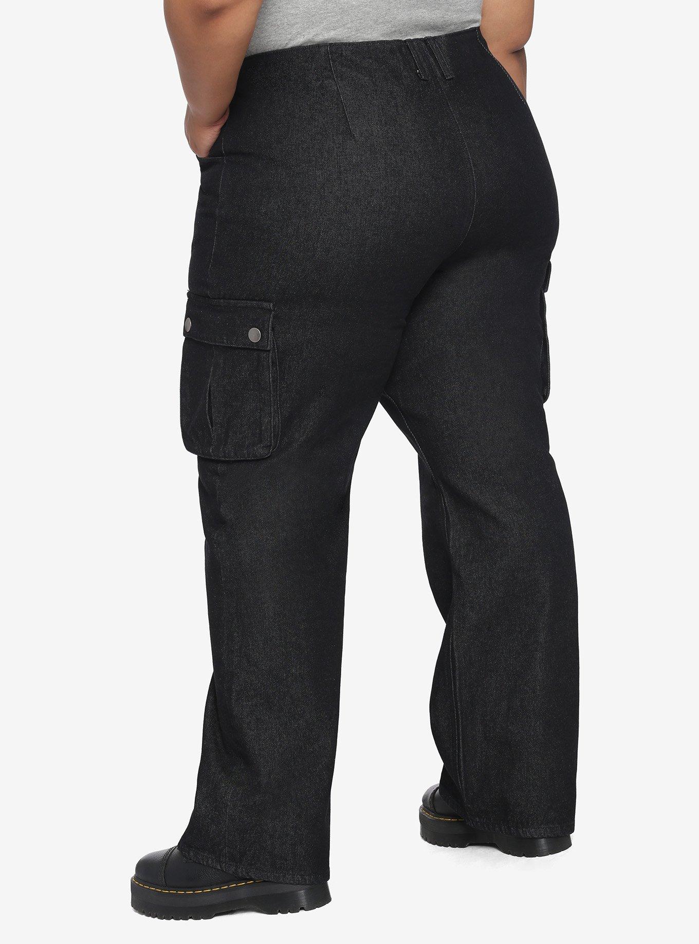 Black Straight Leg Denim Cargo Pants Plus Size, BLACK, alternate