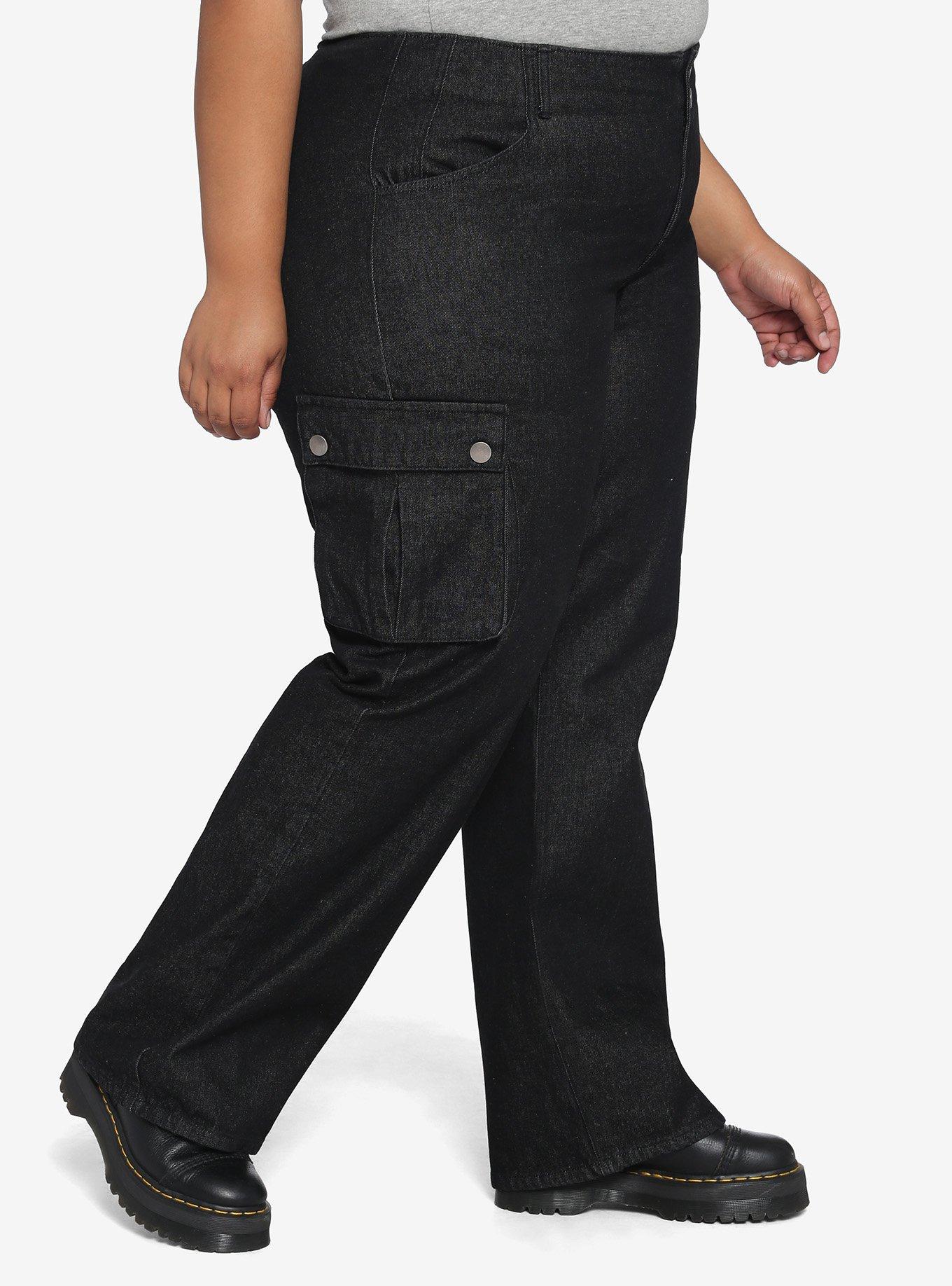 Black Straight Leg Denim Cargo Pants Plus Size, BLACK, alternate