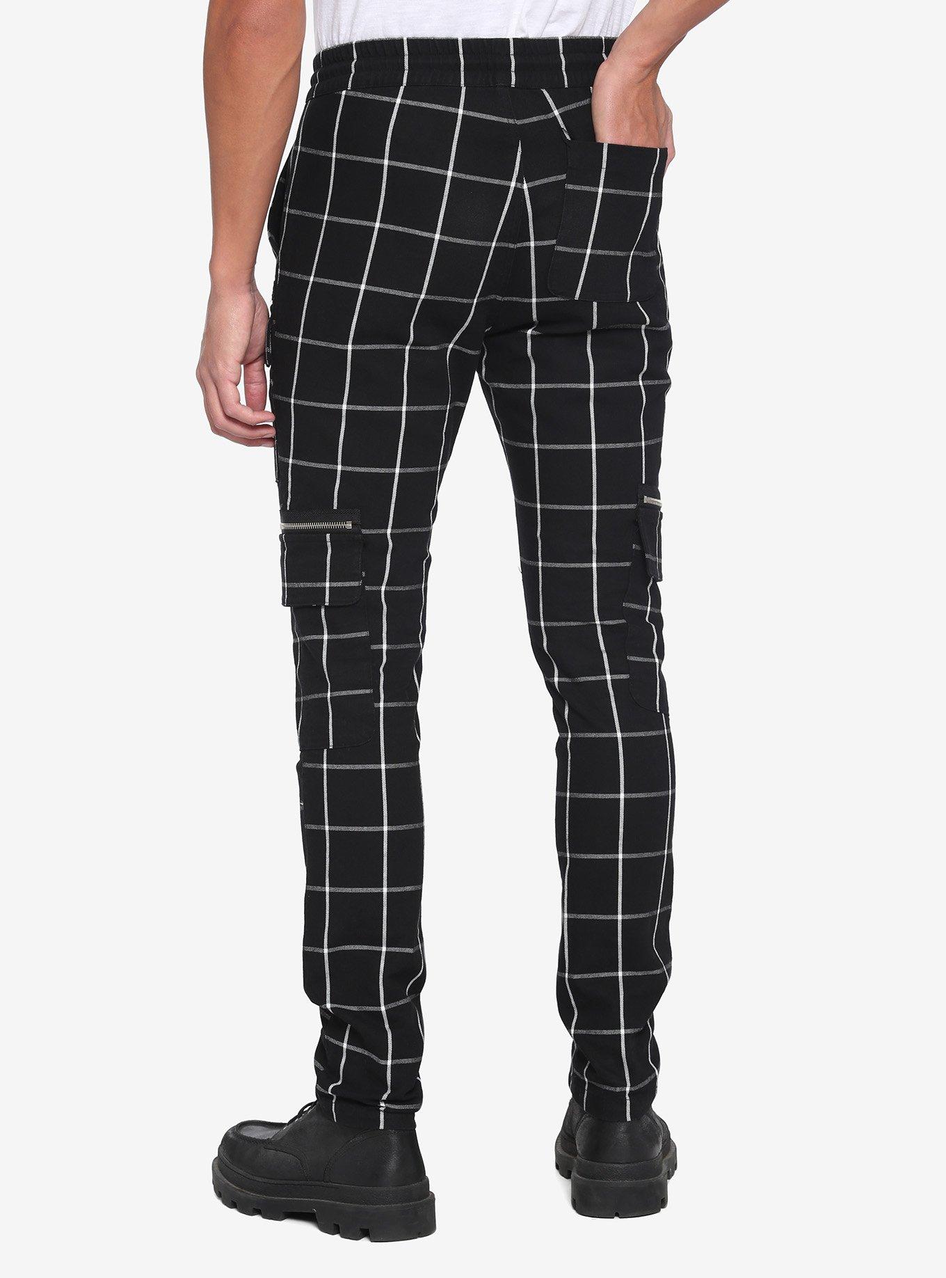 Black & White Grid Cargo Jogger Pants, BLACK, alternate