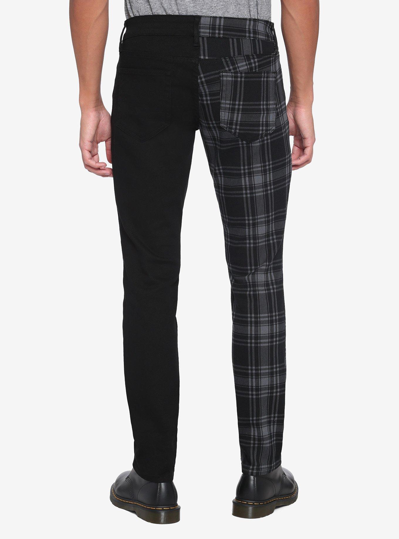 Grey Plaid Split Leg Skinny Jeans, PLAID, alternate