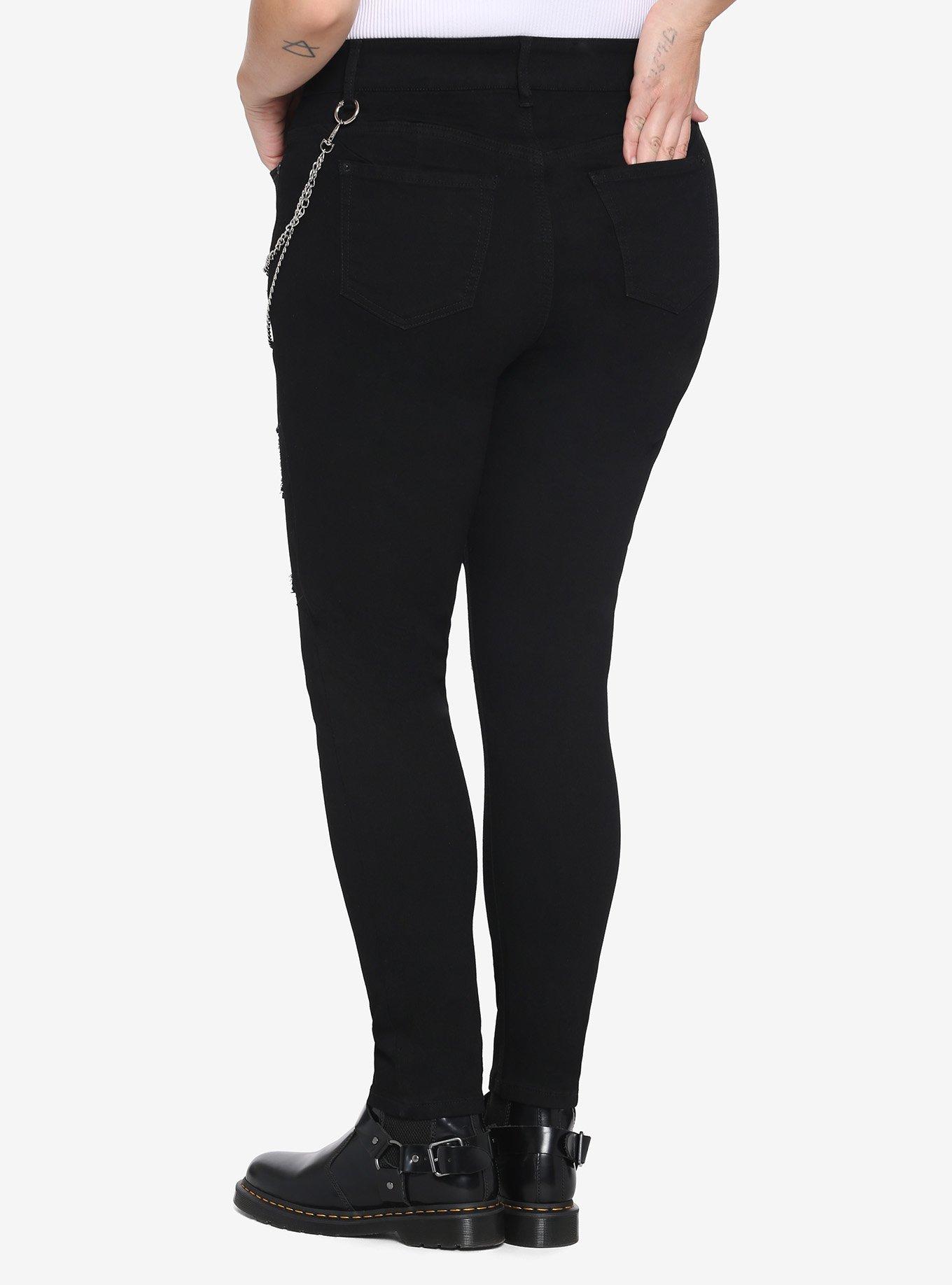Black Fishnet Destructed Chain Jeans Plus Size, , hi-res